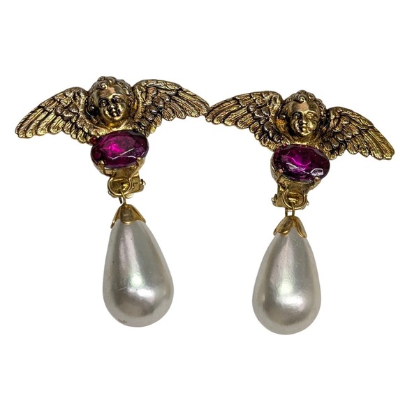 Jewelry - Vintage 80s Earrings Oversize Cherub Angel Clip Statement Faux Pearl Teardrop